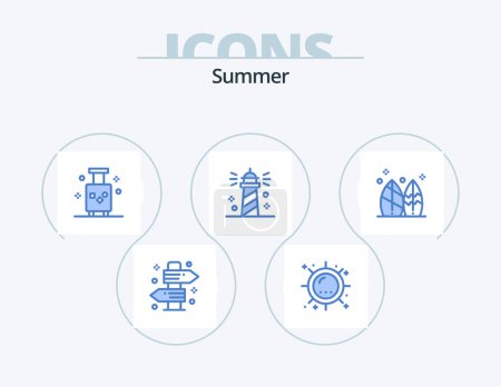 Ilustración de Summer Blue Icon Pack 5 Icon Design. ocean. beach. sunlight. travel. suitcase - Imagen libre de derechos