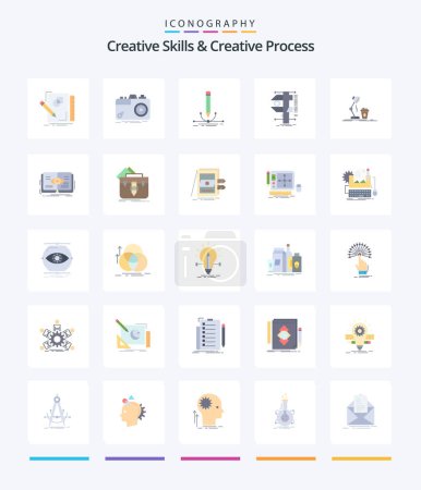 Téléchargez les illustrations : Creative Creative Skills And Creative Process 25 Flat icon pack  Such As calipers. measure. photo. draw. pen - en licence libre de droit