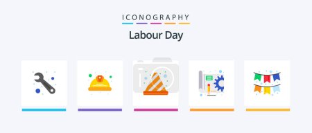 Illustration for Labour Day Flat 5 Icon Pack Including decoration. gear. cone. pen. blue print. Creative Icons Design - Royalty Free Image