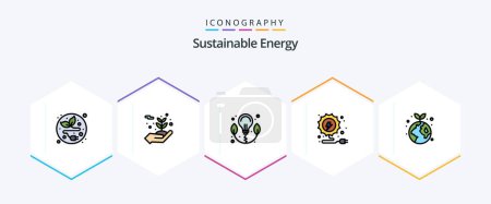 Téléchargez les illustrations : Sustainable Energy 25 FilledLine icon pack including . global. bulb. ecology. power - en licence libre de droit