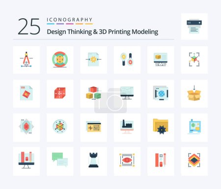 Téléchargez les illustrations : Design Thinking And D Printing Modeling 25 Flat Color icon pack including box. computing. file . sign. research - en licence libre de droit