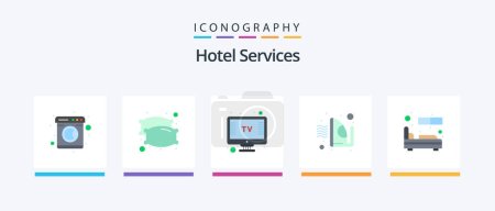 Téléchargez les illustrations : Hotel Services Flat 5 Icon Pack Including sleep. room. screen. bed. ironing. Creative Icons Design - en licence libre de droit
