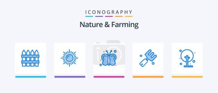 Téléchargez les illustrations : Nature And Farming Blue 5 Icon Pack Including plant. farm. fly. fork. farm. Creative Icons Design - en licence libre de droit