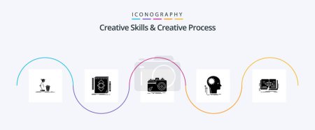 Illustration for Creative Skills And Creative Process Glyph 5 Icon Pack Including thinking. mind. draw. aperture. capture - Royalty Free Image