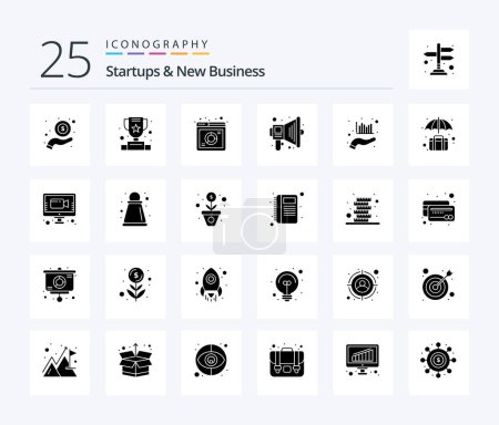 Téléchargez les illustrations : Startups And New Business 25 Solid Glyph icon pack including graph. analysis. analysis. speaker. marketing - en licence libre de droit