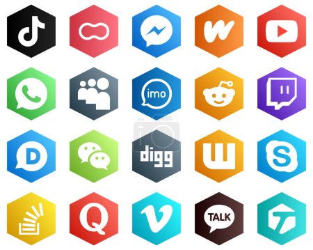 Illustration for Hexagon Flat Color White Icon Set such as imo. whatsapp. messenger. video and literature icons. 25 Modern Icons - Royalty Free Image