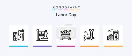 Illustration for Labor Day Line 5 Icon Pack Including bag. blades. ruler. cutter. engineer. Creative Icons Design - Royalty Free Image