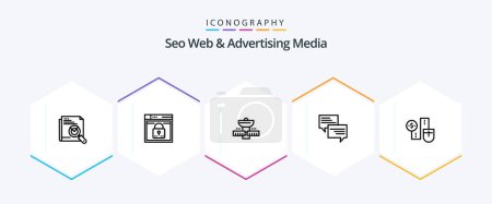 Illustration for Seo Web And Advertising Media 25 Line icon pack including message. space. layout. satellite. space - Royalty Free Image
