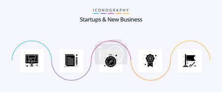 Téléchargez les illustrations : Startups And New Business Glyph 5 Icon Pack Including success. flag. clock. star. badge - en licence libre de droit