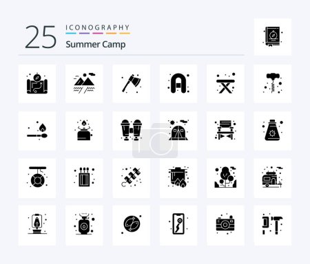 Téléchargez les illustrations : Summer Camp 25 Solid Glyph icon pack including hand drill. travel. camping. table. travel - en licence libre de droit