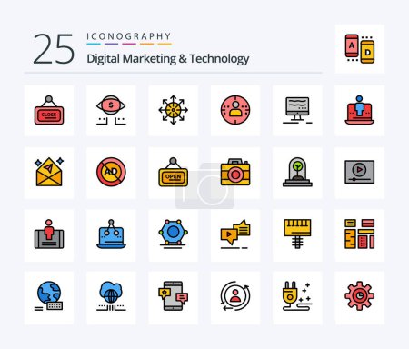 Téléchargez les illustrations : Digital Marketing And Technology 25 Line Filled icon pack including online. marketing. ads. profile. platform - en licence libre de droit
