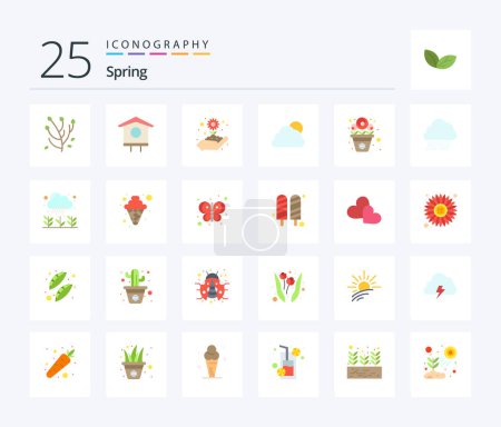 Téléchargez les illustrations : Spring 25 Flat Color icon pack including pot. cloudy. gardening. sun. sky - en licence libre de droit