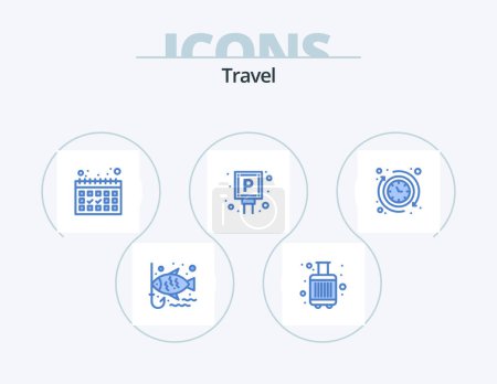 Téléchargez les illustrations : Travel Blue Icon Pack 5 Icon Design. hours. around. calendar. sign. lot - en licence libre de droit