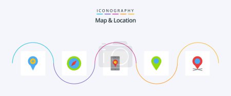 Téléchargez les illustrations : Map and Location Flat 5 Icon Pack Including map. pin. mobile. marker. location - en licence libre de droit