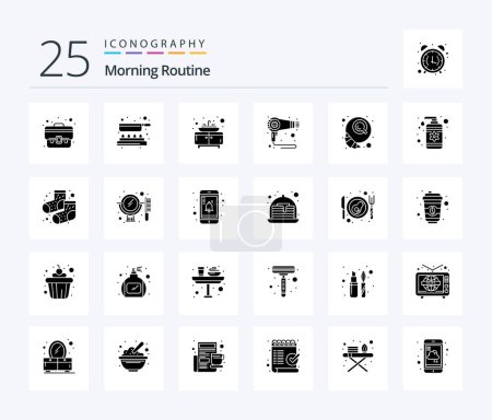 Téléchargez les illustrations : Morning Routine 25 Solid Glyph icon pack including croissant. breakfast. bathroom. machine. fen - en licence libre de droit