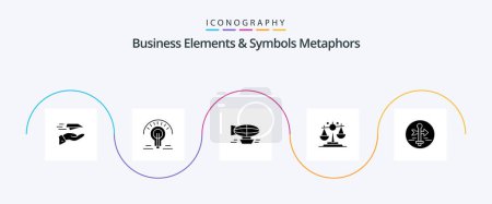 Téléchargez les illustrations : Business Elements And Symbols Metaphors Glyph 5 Icon Pack Including justice. balance. tips. travel. filled - en licence libre de droit
