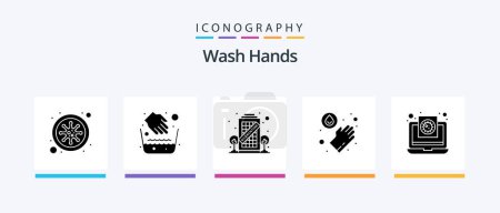 Téléchargez les illustrations : Wash Hands Glyph 5 Icon Pack Including medical. coronavirus. building. washing. hands. Creative Icons Design - en licence libre de droit