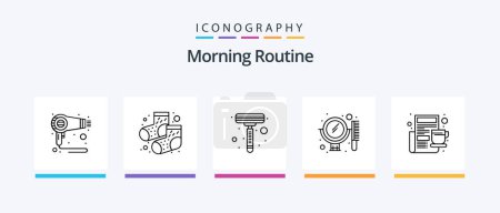 Illustration for Morning Routine Line 5 Icon Pack Including bottle. mirror. ok. comb. bag. Creative Icons Design - Royalty Free Image