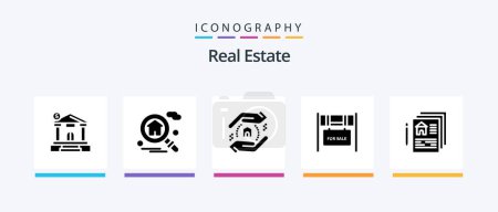 Téléchargez les illustrations : Real Estate Glyph 5 Icon Pack Including for sale. real . real estate. building . school. Creative Icons Design - en licence libre de droit
