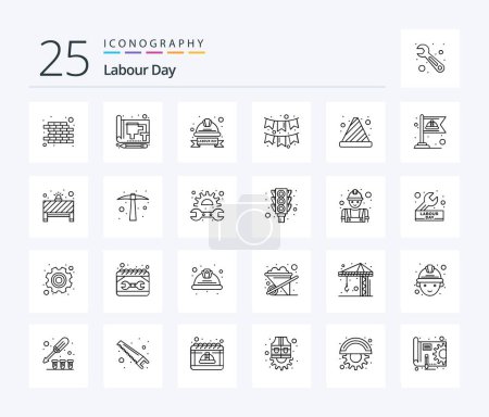Téléchargez les illustrations : Labour Day 25 Line icon pack including cone. flag. cap. decoration. labour badge - en licence libre de droit