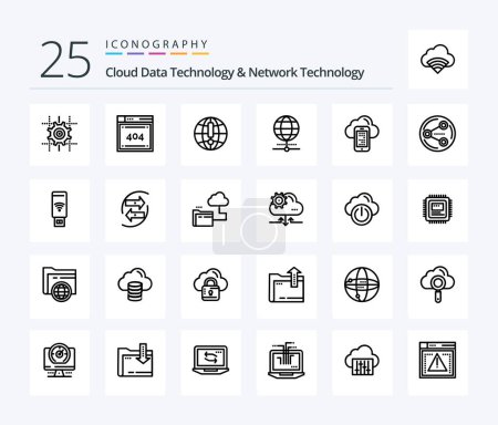 Ilustración de Cloud Data Technology And Network Technology 25 Line icon pack including sharing. cell. globe . mobile. cloud - Imagen libre de derechos