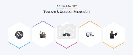 Illustration for Tourism And Outdoor Recreation 25 FilledLine icon pack including lighter. travel. bicycle. camp. caravan - Royalty Free Image