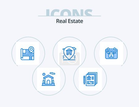 Téléchargez les illustrations : Real Estate Blue Icon Pack 5 Icon Design. home. calendar. map. real estate. home - en licence libre de droit