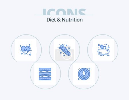 Téléchargez les illustrations : Diet And Nutrition Blue Icon Pack 5 Icon Design. healthy diet. beetroot. heart. beet with leaves. food - en licence libre de droit