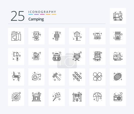 Téléchargez les illustrations : Camping 25 Line icon pack including box. life. time. jacket. house - en licence libre de droit