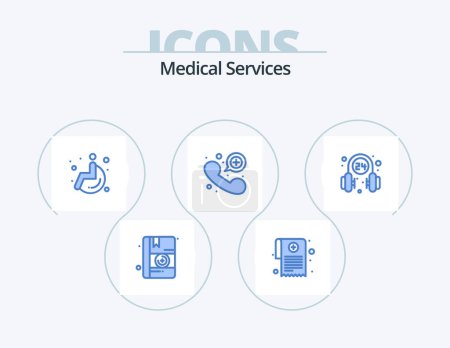 Téléchargez les illustrations : Medical Services Blue Icon Pack 5 Icon Design. service. medical. wheel. headphone. emergency - en licence libre de droit