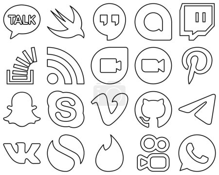 Illustration for 20 Professional and high-quality Black Line Social Media Icons such as snapchat. overflow. meeting and zoom icons. High-quality and creative - Royalty Free Image
