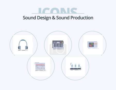 Illustration for Sound Design And Sound Production Flat Icon Pack 5 Icon Design. keyboard. studio. sound. monitor. headphone - Royalty Free Image