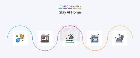 Téléchargez les illustrations : Stay At Home Line Filled Flat 5 Icon Pack Including steaming. iron. plant. wash. laundry - en licence libre de droit