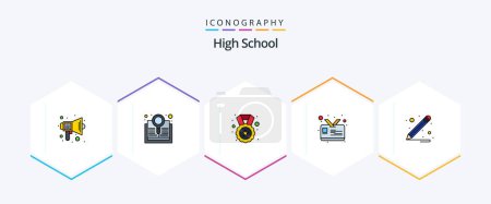 Ilustración de High School 25 FilledLine icon pack including school supplies. student card. search. id. badge - Imagen libre de derechos