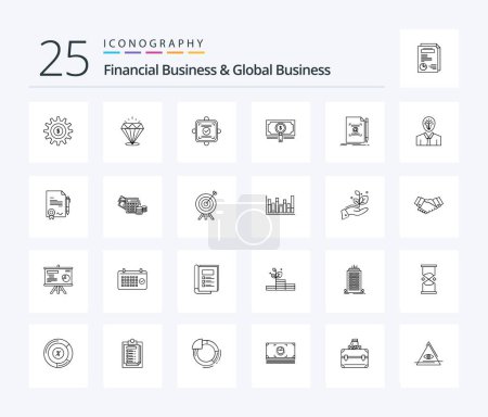 Illustration for Financial Business And Global Business 25 Line icon pack including note. loan. ok. search. money - Royalty Free Image