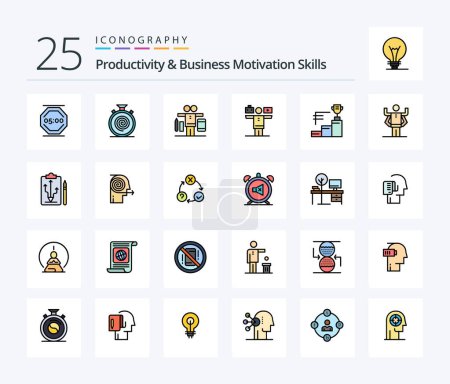 Illustration for Productivity And Business Motivation Skills 25 Line Filled icon pack including trophy cup. prize. nonstop. achievements. play - Royalty Free Image