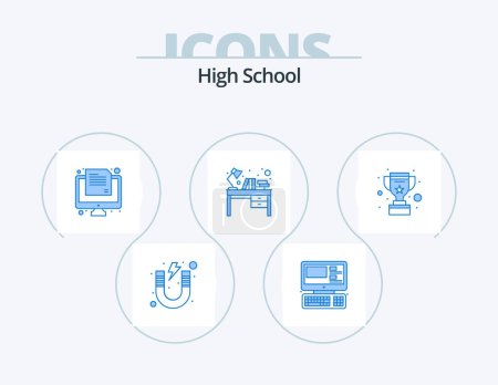 Illustration for High School Blue Icon Pack 5 Icon Design. study table. interior. education. desk. paper - Royalty Free Image