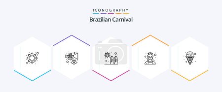 Téléchargez les illustrations : Brazilian Carnival 25 Line icon pack including ice. costume. beach. character. mask - en licence libre de droit