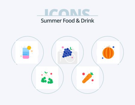 Téléchargez les illustrations : Summer Food and Drink Flat Icon Pack 5 Icon Design. healthy. vegetable. drink. grape. grapes - en licence libre de droit