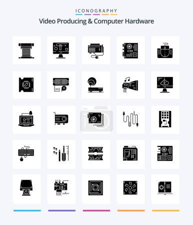 Illustration for Creative Video Producing And Computer Hardware 25 Glyph Solid Black icon pack  Such As mother. main. graphics. computer. power - Royalty Free Image