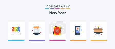 Téléchargez les illustrations : New Year Flat 5 Icon Pack Including . celebration. greeting card. cake. love. Creative Icons Design - en licence libre de droit