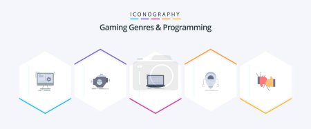 Illustration for Gaming Genres And Programming 25 Flat icon pack including droid. android. motor. laptop. coding - Royalty Free Image