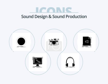Illustration for Sound Design And Sound Production Glyph Icon Pack 5 Icon Design. instrument. drum. monitor. vinyl. phonograph - Royalty Free Image