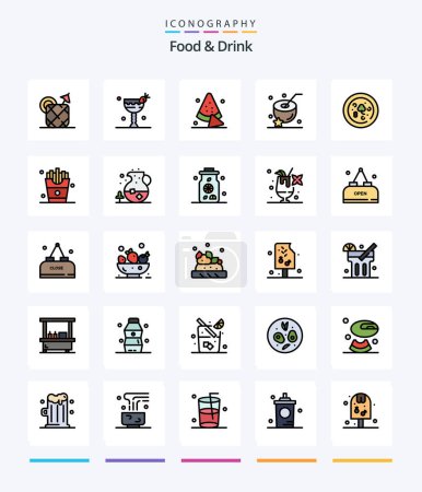 Téléchargez les illustrations : Creative Food And Drink 25 Line FIlled icon pack  Such As drink. water. eat. coconut. drink - en licence libre de droit