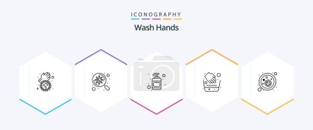 Illustration for Wash Hands 25 Line icon pack including covid. blood bacteria. lotion. water bowl. hygiene - Royalty Free Image