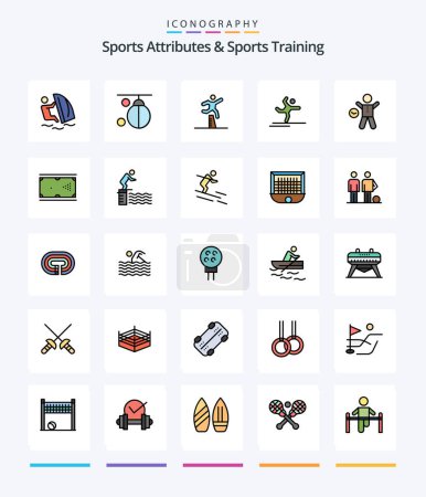 Téléchargez les illustrations : Creative Sports Atributes And Sports Training 25 Line FIlled icon pack  Such As performing. athlete. punching. steeplechase. runner - en licence libre de droit