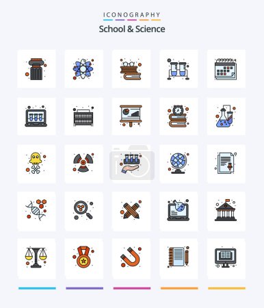 Téléchargez les illustrations : Creative School And Science 25 Line FIlled icon pack  Such As calendar. research. books. test tubes. flask - en licence libre de droit