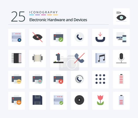 Ilustración de Dispositivos 25 Paquete de iconos de color plano incluyendo computadora. entrante. dispositivos. Llame. auricular - Imagen libre de derechos