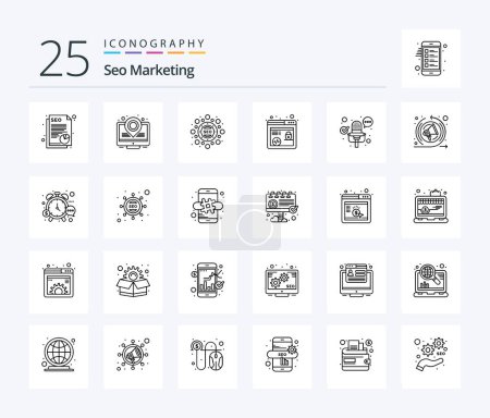 Illustration for Seo Marketing 25 Line icon pack including marketing. multimedia. optimization. microphone. marketing - Royalty Free Image