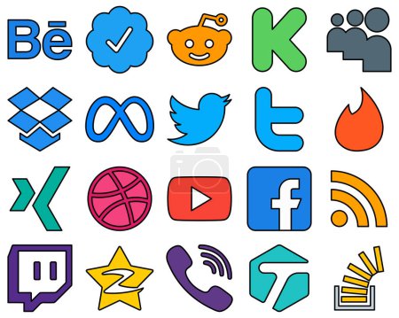 Illustration for 20 Innovative Line Filled Social Media Icons such as fb. video. facebook. youtube and xing Fully editable and professional - Royalty Free Image